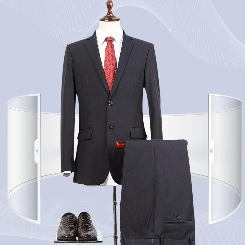 Black men's suit blazer and matching trousers with red patterned necktie