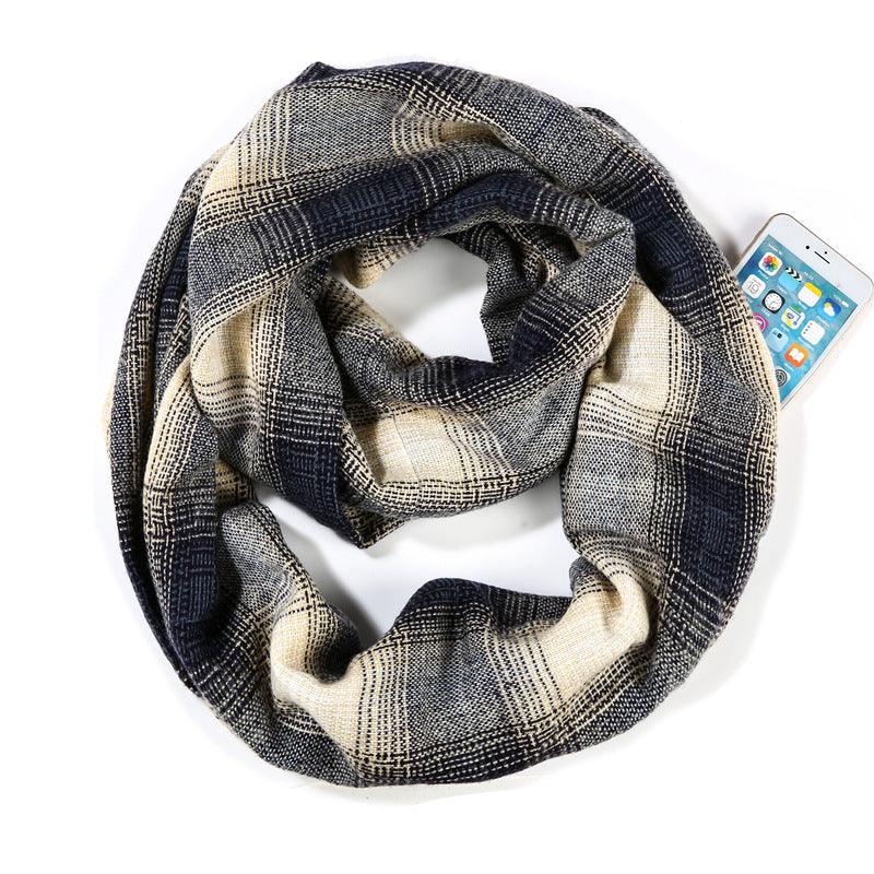 Plaid infinity scarf in navy, gray, and cream checks, neatly looped