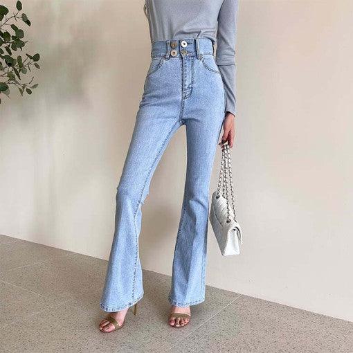 Light-colored Flared Jeans Trousers - WOMONA.COM