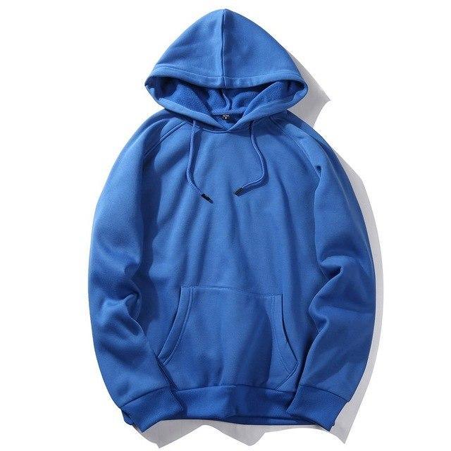 Blue hoodie with pullover hood and front kangaroo pocket, drawstring cords.