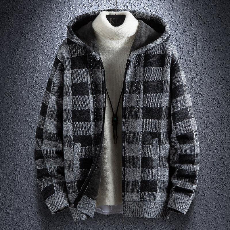 Gray plaid hooded zipper jacket with knit cuffs and front pockets