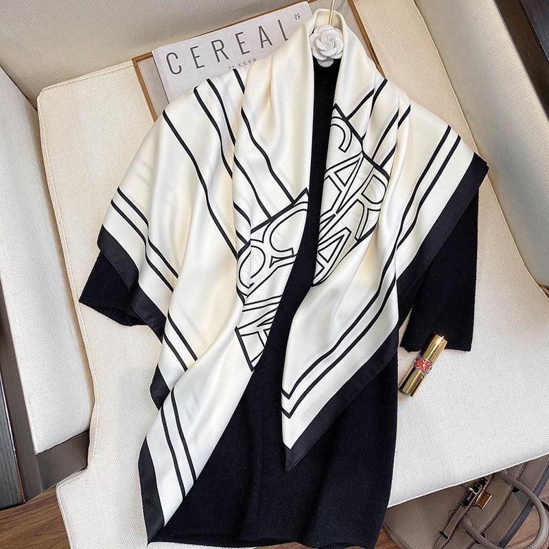 Women's silk scarf in white and black with geometric face line design