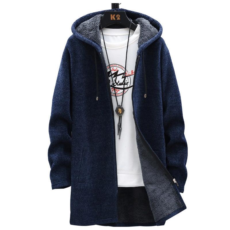 Navy plush men’s zip-up hoodie sweater with drawstring hood and chest logo tee.