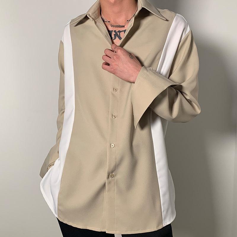 Khaki men’s long-sleeve shirt with point collar and white contrast panels