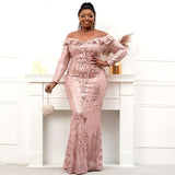 Plus Size Women Long Sve Bla GoSequin Evening Dress Ele - WOMONA.COM