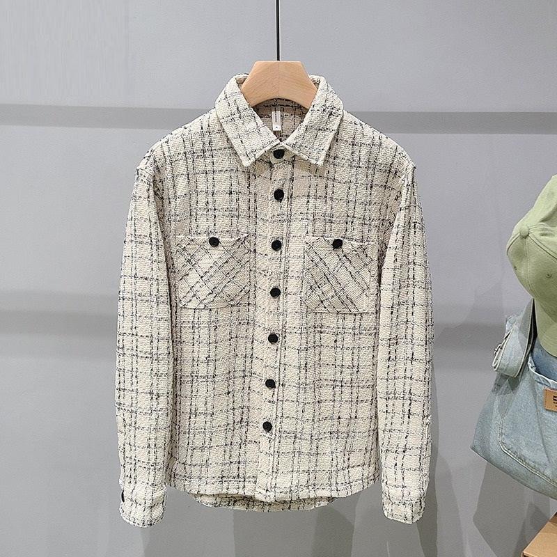 Men's white plaid tweed shirt with button-front and pointed collar on hanger