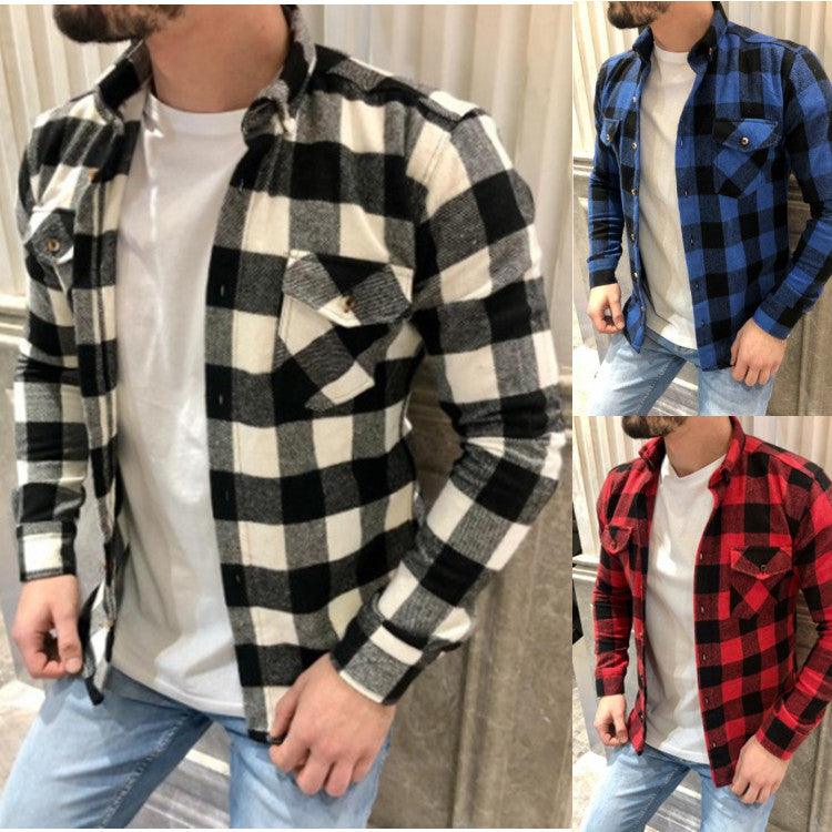 Men's black and white plaid cotton button-up shirt, long sleeves, chest pocket