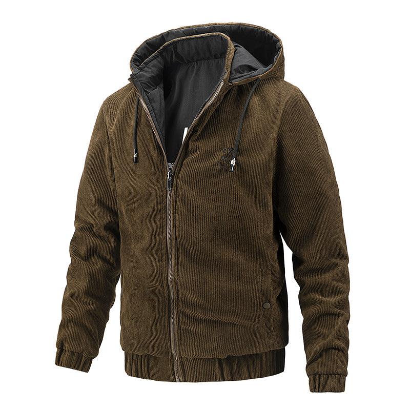 Camel corduroy hooded jacket with full zip, drawstring hood, and ribbed hem