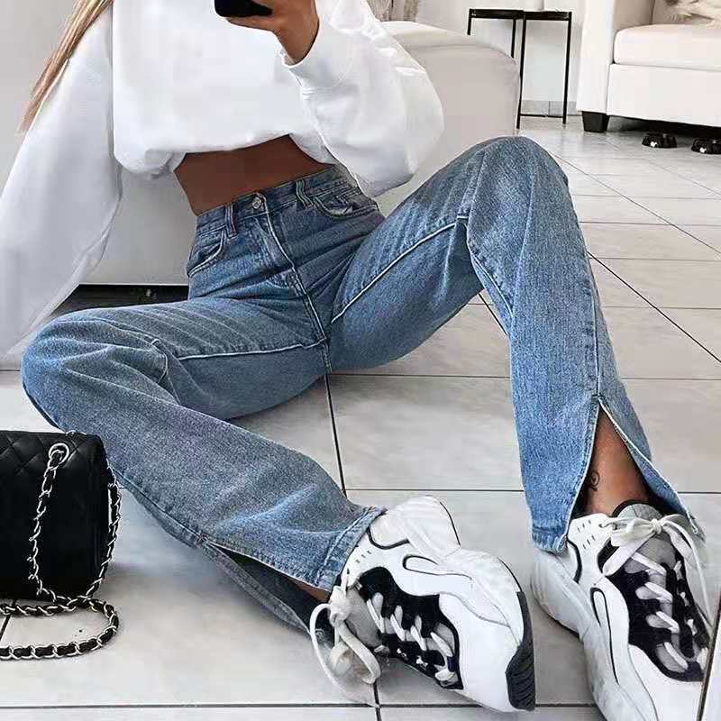 Retro Straight Split Denim Trousers Women - WOMONA.COM