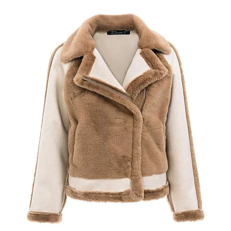 Tan faux fur jacket with notch lapel, white contrast cuffs, and button-front closure