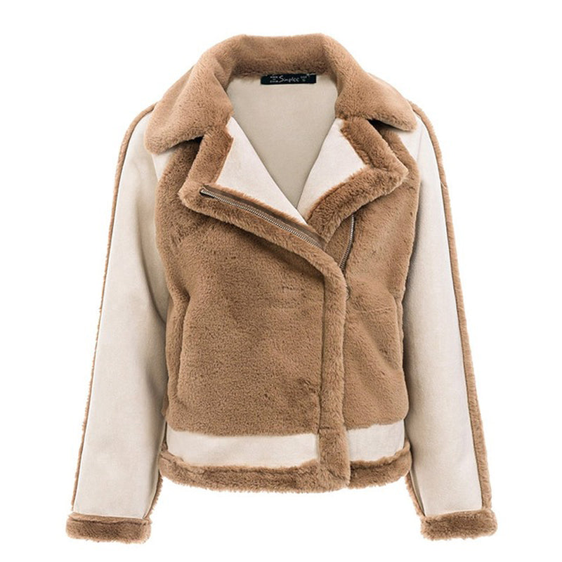 contrast color stitching fur coat - WOMONA.COM