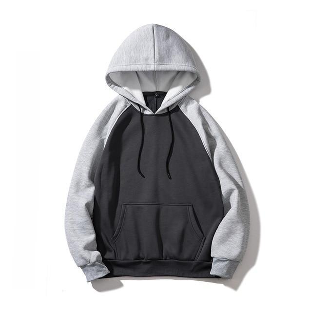 Gray-and-black hooded sweatshirt with front kangaroo pocket and drawstring cords.
