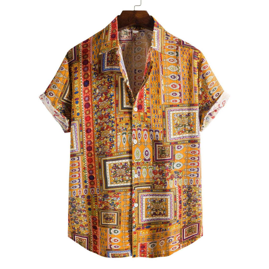 Men's short-sleeve collared shirt with colorful ornate patchwork print on orange