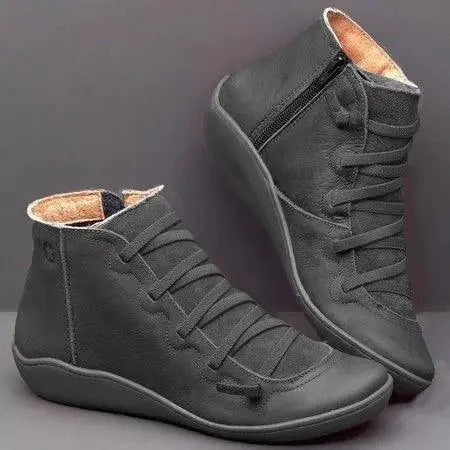 Women’s flat ankle boots in dark gray faux leather, lace-up with side zipper