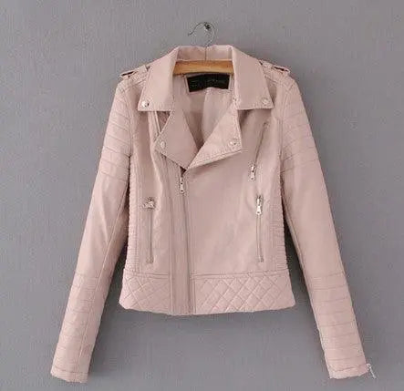Light pink quilted leather jacket with pointed collar, zip front and zip pockets