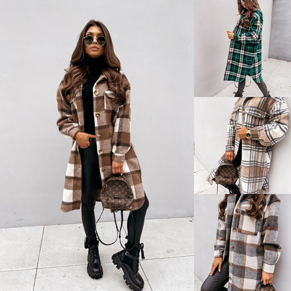 Winter Long-Sleeved Plaid Printed Shirt - WOMONA.COM