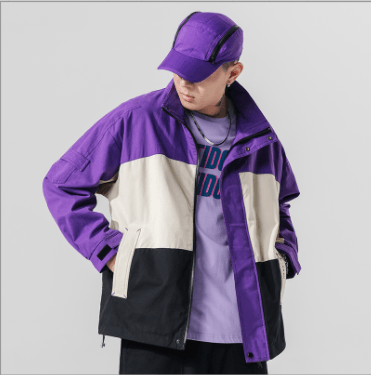 Color-block casual jacket with stand collar in purple, cream, and dark navy