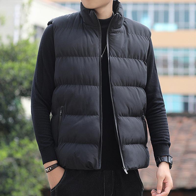 Black padded sleeveless jacket vest with stand collar and front zipper, side pockets