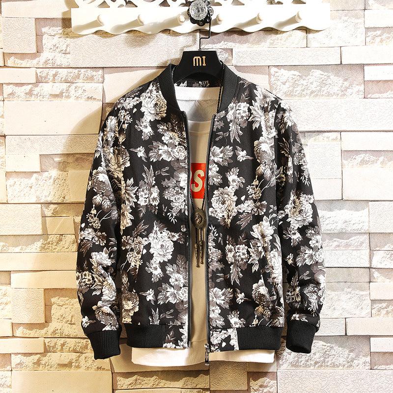 Men's ribbed-hem loose jacket, black with white floral print, black ribbed cuffs and zip.