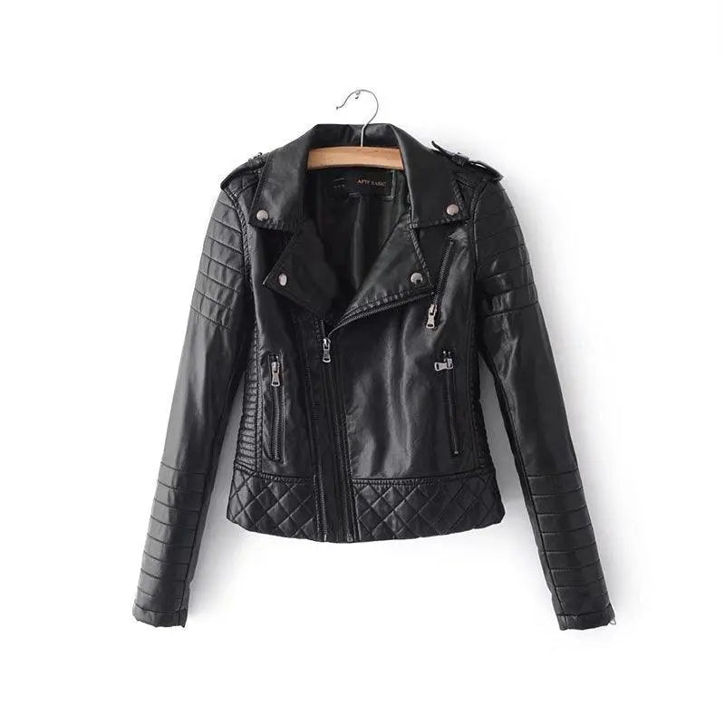 Black women’s zip-up jacket with stand collar and quilted sleeve panels