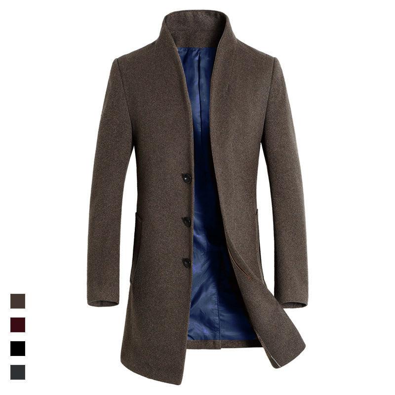 Men's wool coat jacket in dark khaki, notch lapels, front buttons, blue inner lining