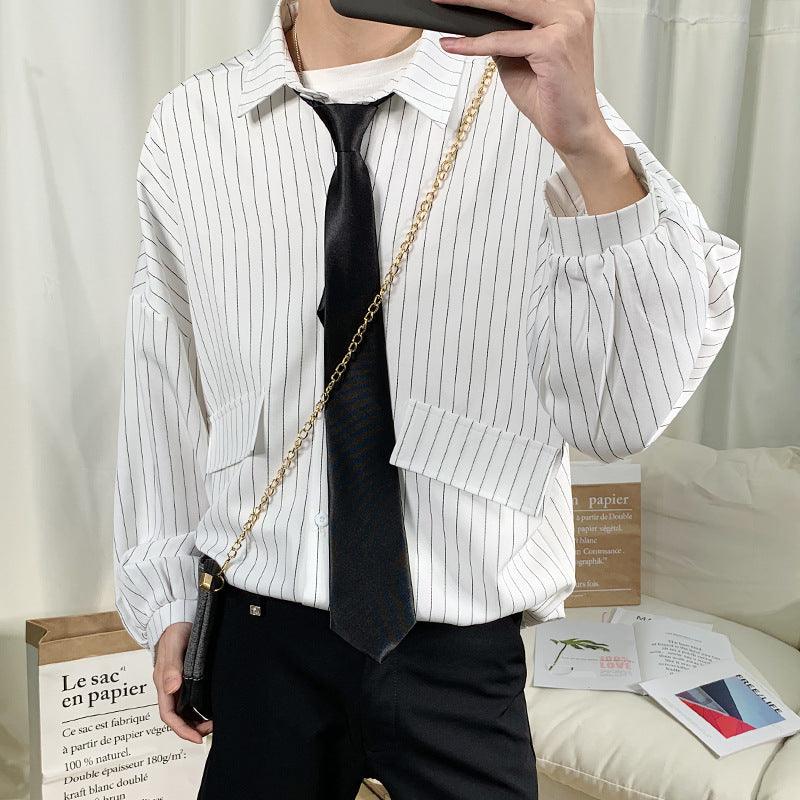 Men's striped casual shirt with black tie, white with thin vertical pinstripes