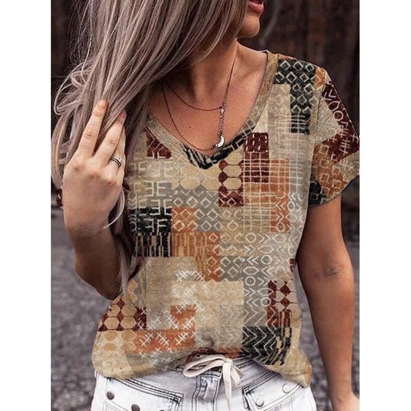 Geometric Print Plus Size Short Sleeve T-Shirt - WOMONA.COM