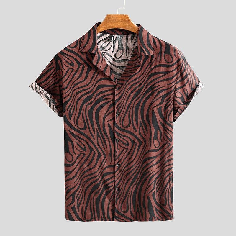 Men's fitted short-sleeve shirt in rust with zebra-style pattern, button-front and collar.