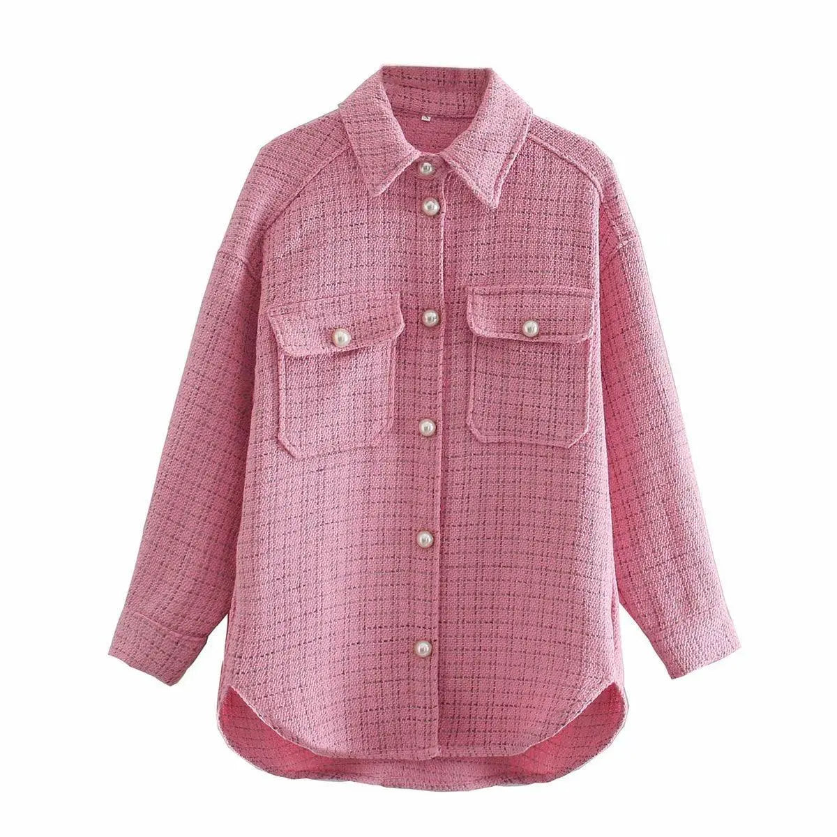 Pink patterned thick button-up jacket with flap pockets and front buttons