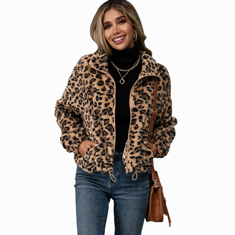 Ladies Leopard Print Lapel Zip Furry Jacket - WOMONA.COM