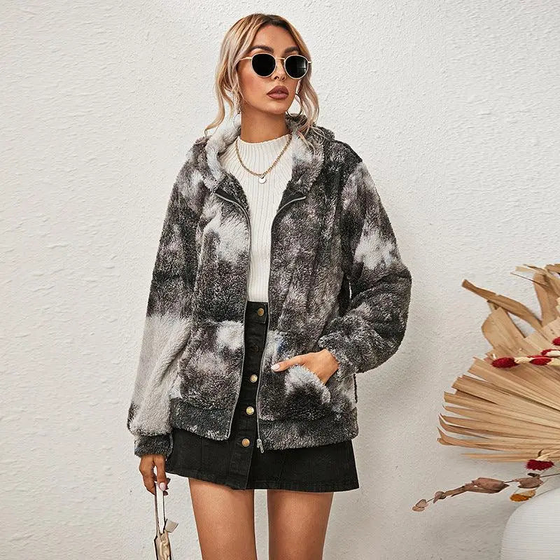 Grey tie-dye hooded zip jacket, long sleeves