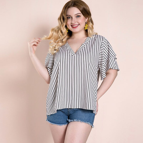 Plus size women's striped top T-shirt - WOMONA.COM