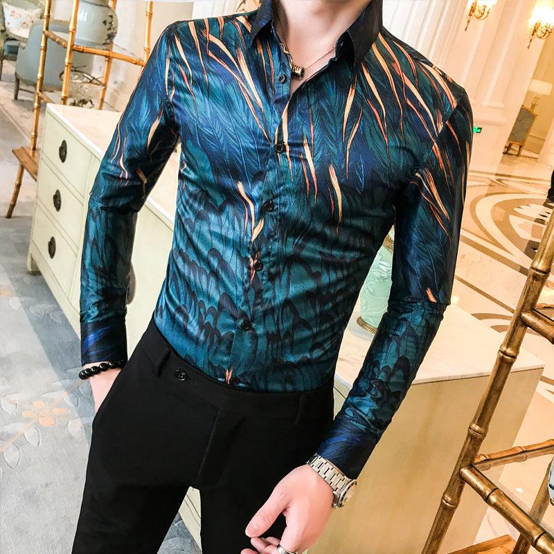 Men's casual button-up shirt, dark teal-blue with orange stripe leaf print, long sleeves