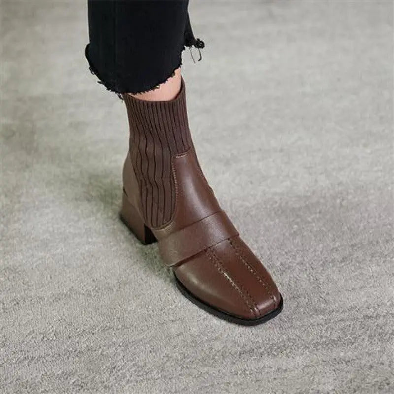 Brown mid-heel leather ankle shoe with ribbed sock collar and side strap
