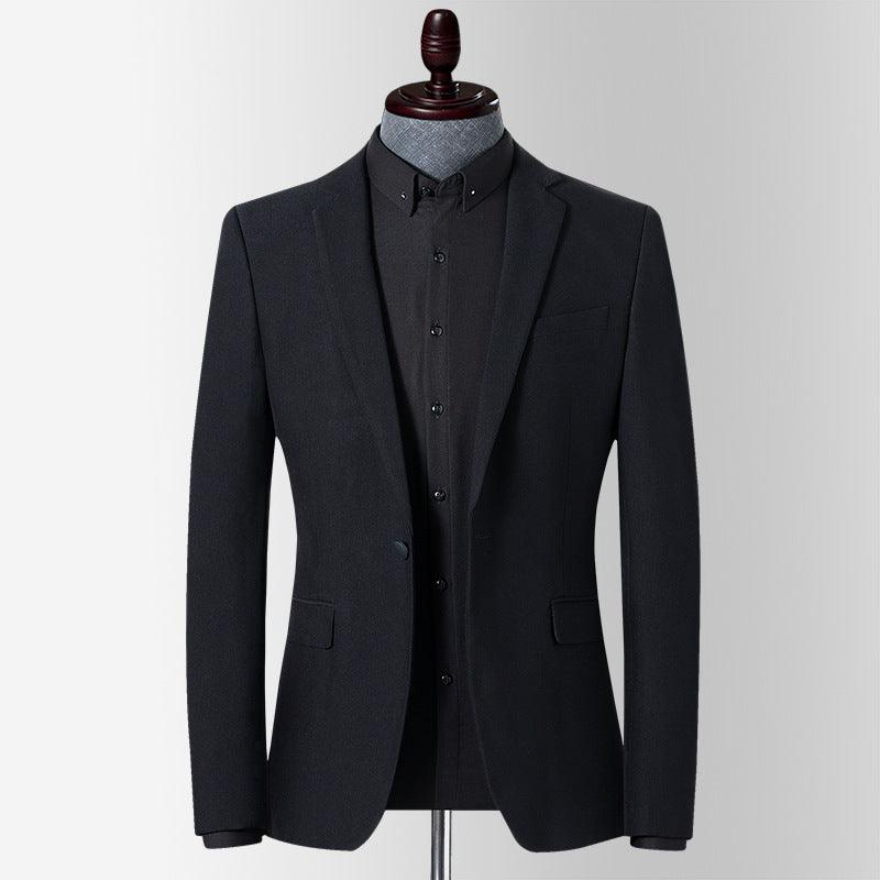 Men's black single-breasted coat with notch lapels and front button closure