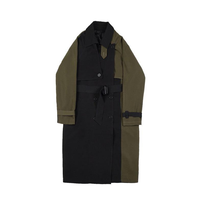 Color-block trench coat in black and olive, belted button-front with two flap pockets.