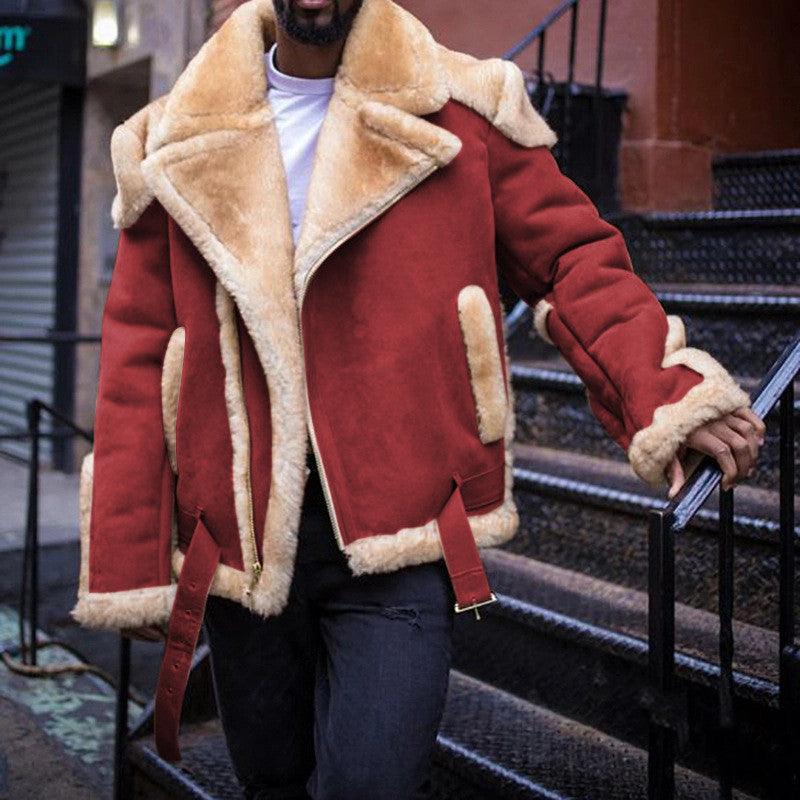 Men's padded jacket in burgundy with tan sherpa shearling lining and belt ties