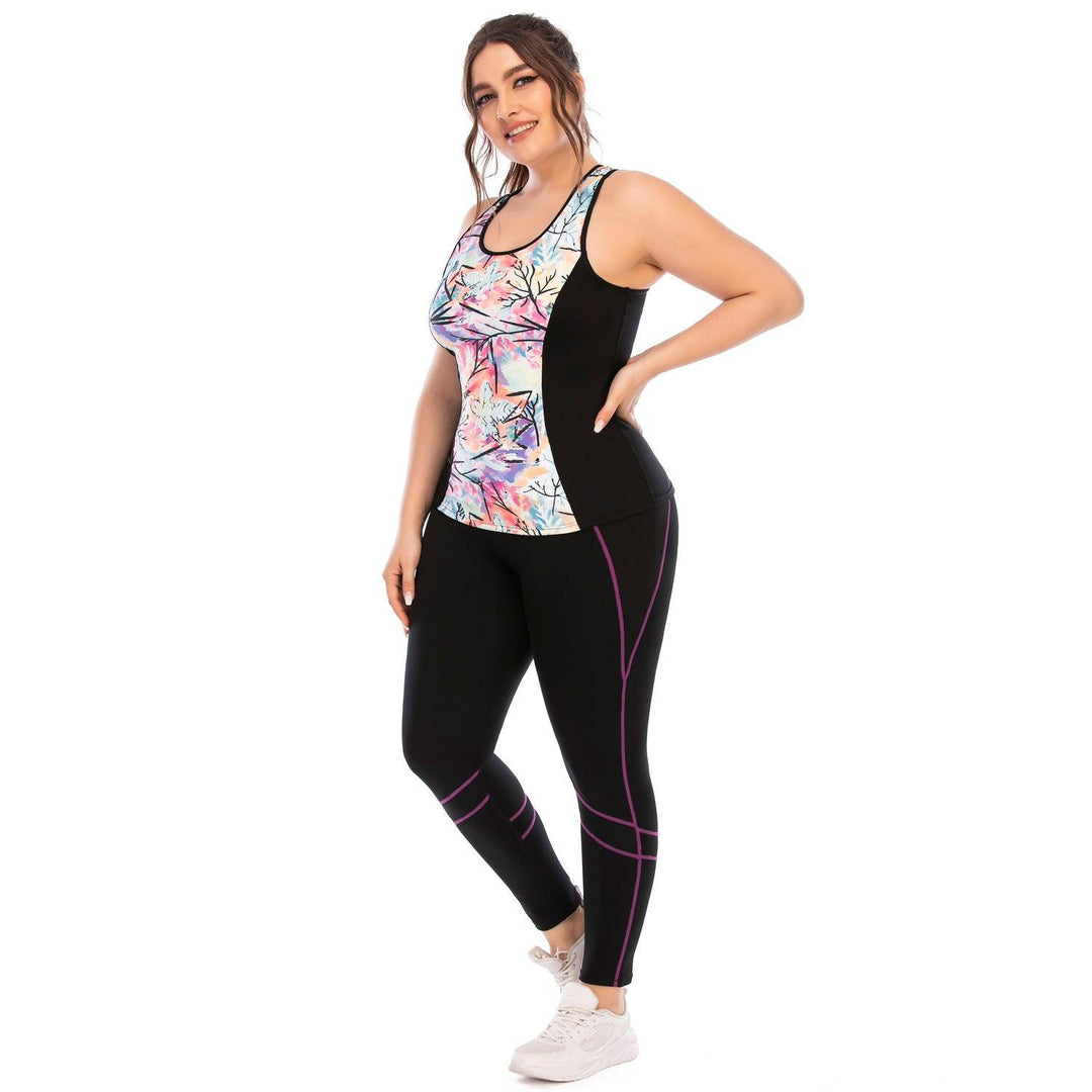 Activewear tank and leggings set, black with floral front panel and purple piping