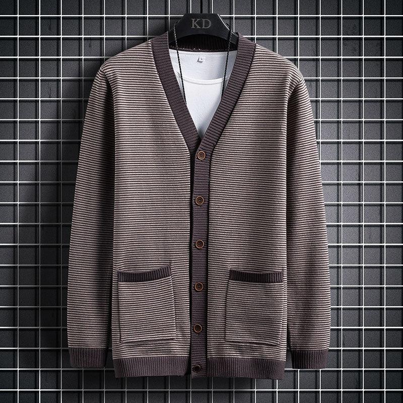 Men's striped knit cardigan sweater with V-neck, dark trim, and two front patch pockets
