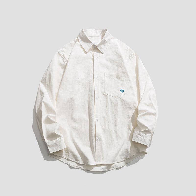 White casual button-up shirt-jacket with chest pocket and small blue logo
