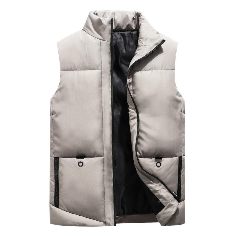 Men's insulated cotton zip-up vest, light gray, stand collar, two flap pockets