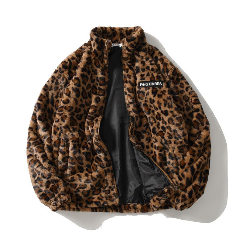 Leopard print long-sleeve jacket with stand collar and full zip, fuzzy fabric