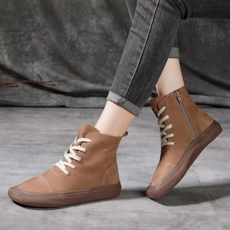 Women’s casual ankle boots in khaki suede with lace-up, side zipper, and rubber sole