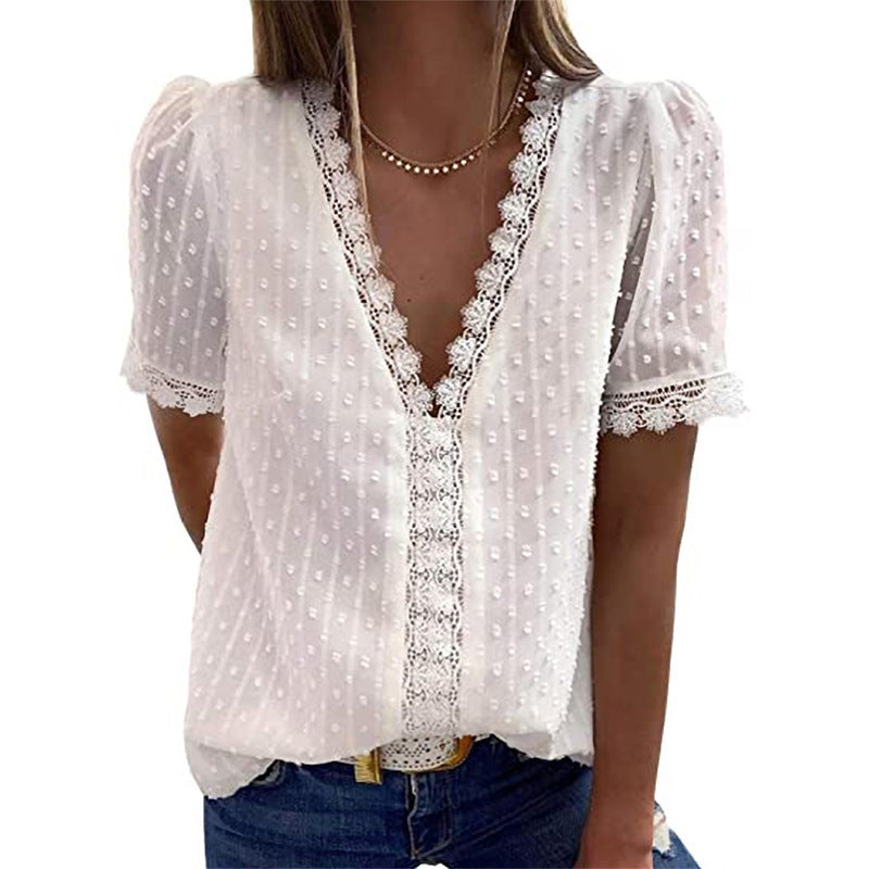 V-Neck Short-Sleeved Blouse Women - WOMONA.COM