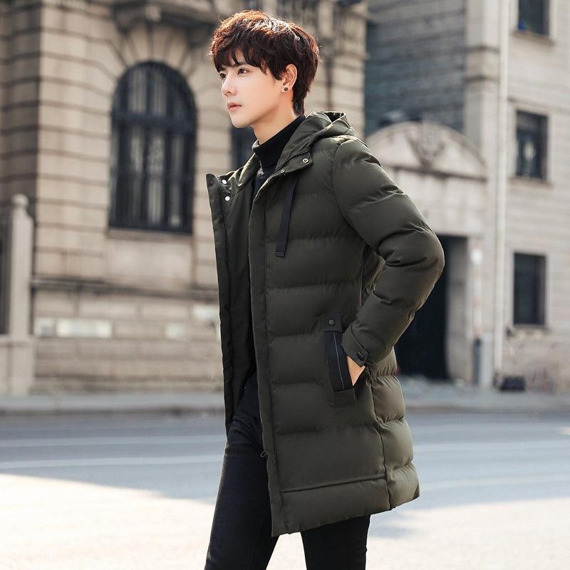 Men's cotton-padded hooded jacket, olive green, longline with front zip and pockets
