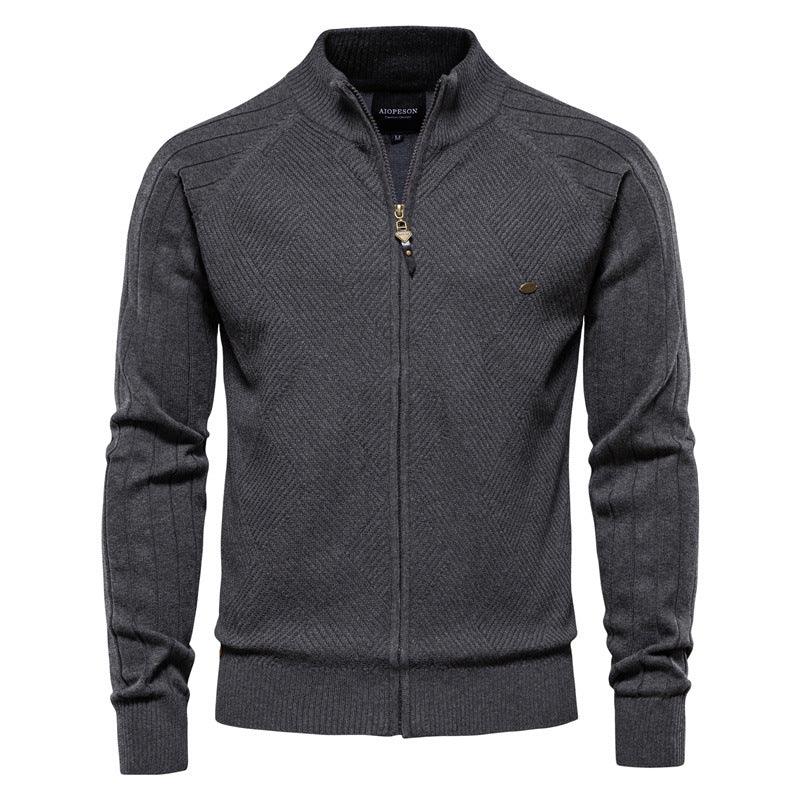 Dark grey zip-up knit sweater with stand collar and diamond pattern