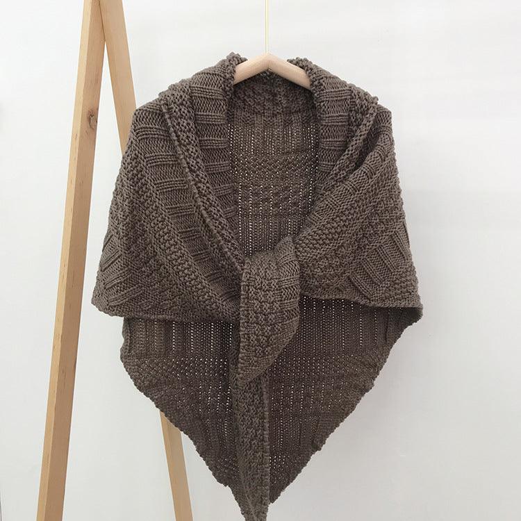 Chunky knit triangular scarf in dark brown with draped cowl collar