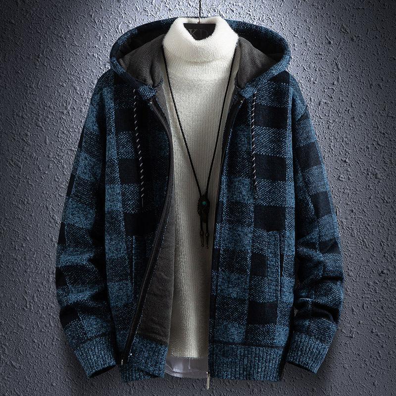 Blue plaid hooded zipper jacket with knit cuffs and front pockets