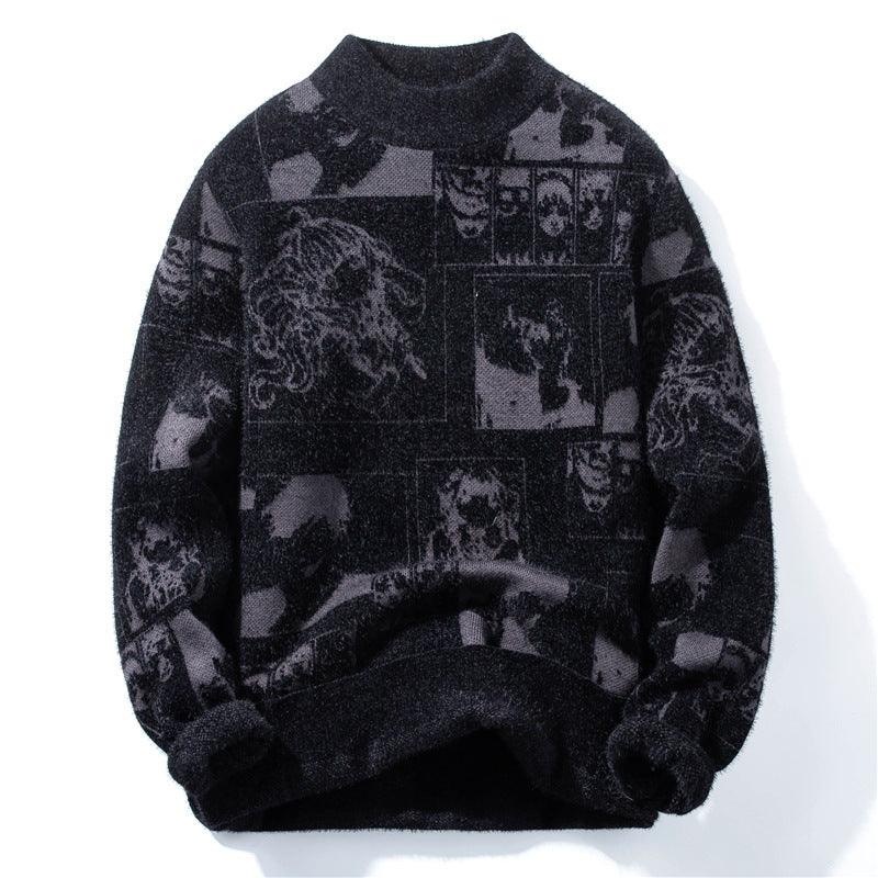 Dark grey knit sweater with crew neck and long sleeves, dense black graphic blocks