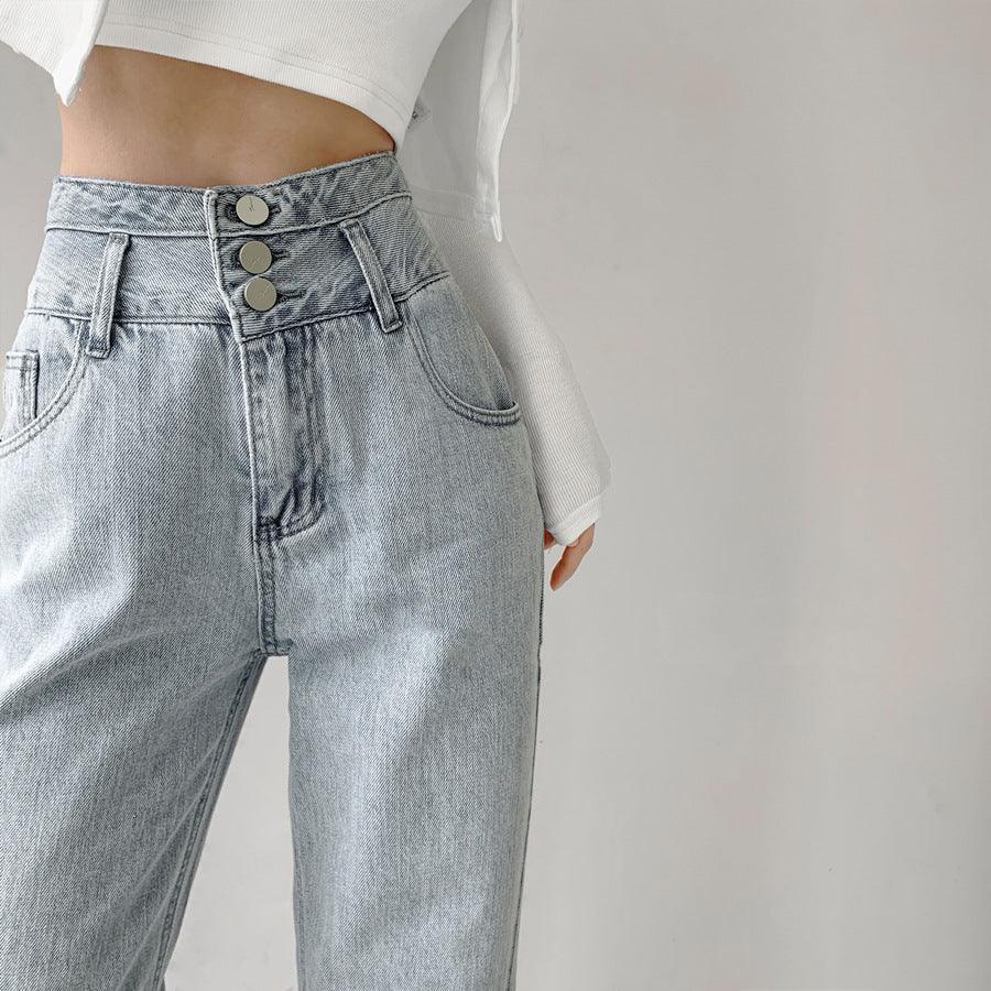 Buttoned Drape Loose Straight Fit Jeans - WOMONA.COM